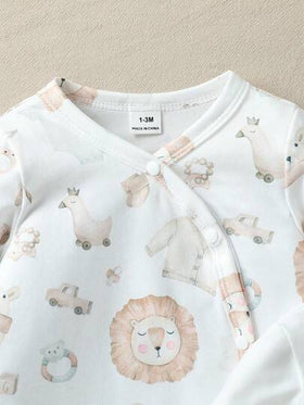 SHEIN Vintaside Kids 3 قطع/مجموعة جمبسوت رضيع يونيسكس مطبوعة بطبعات حيوانات جميلة، قماش ناعم مناسب للبيت والخروجات والعطلات، للاستخدام في الربيع والخريف للأطفال من الجنسين من عمر 0-3 سنوات، ملابس أطفال محايدة طبيعية للمواليد الجدد