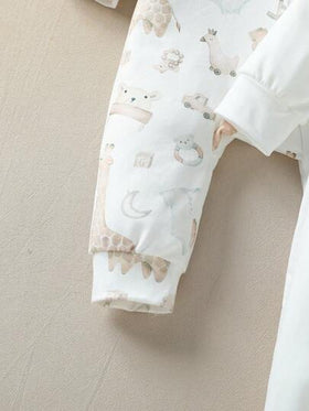 SHEIN Vintaside Kids 3 قطع/مجموعة جمبسوت رضيع يونيسكس مطبوعة بطبعات حيوانات جميلة، قماش ناعم مناسب للبيت والخروجات والعطلات، للاستخدام في الربيع والخريف للأطفال من الجنسين من عمر 0-3 سنوات، ملابس أطفال محايدة طبيعية للمواليد الجدد
