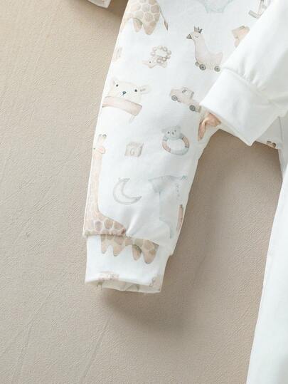 SHEIN Vintaside Kids 3 قطع/مجموعة جمبسوت رضيع يونيسكس مطبوعة بطبعات حيوانات جميلة، قماش ناعم مناسب للبيت والخروجات والعطلات، للاستخدام في الربيع والخريف للأطفال من الجنسين من عمر 0-3 سنوات، ملابس أطفال محايدة طبيعية للمواليد الجدد