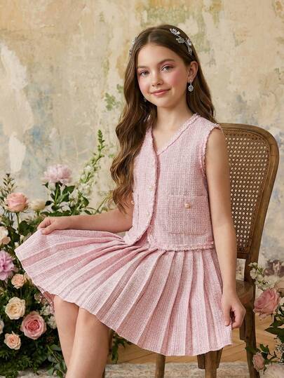 SHEIN طقم أنيق بلا أكمام من الكارديجان المزين بفيونكة وتنورة مطوية للفتيات المراهقات، صيفي