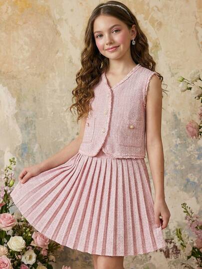 SHEIN طقم أنيق بلا أكمام من الكارديجان المزين بفيونكة وتنورة مطوية للفتيات المراهقات، صيفي