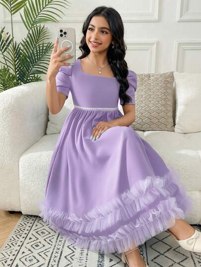 SHEIN رمضان فستان بياقة مربعة أنيقة للفتيات المراهقات، مزين باللؤلؤ وبتصميم كشكش الحافة مع تطريز شبكي