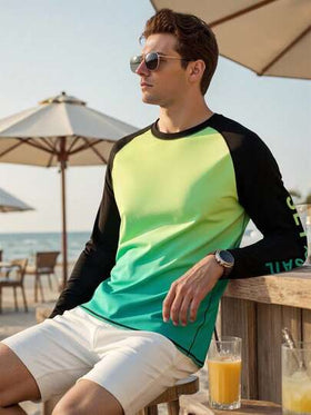 Manfinity Swimmode قميص سيرفينج بياقة مستديرة وأكمام طويلة بتدرج اللون للرجال، عطلة شاطئية