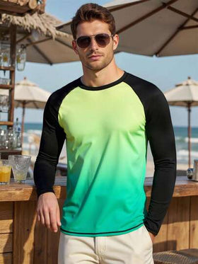 Manfinity Swimmode قميص سيرفينج بياقة مستديرة وأكمام طويلة بتدرج اللون للرجال، عطلة شاطئية