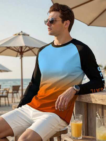 Manfinity Swimmode قميص سيرفينج بياقة مستديرة وأكمام طويلة بتدرج اللون للرجال، عطلة شاطئية