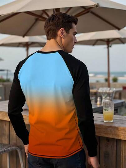 Manfinity Swimmode قميص سيرفينج بياقة مستديرة وأكمام طويلة بتدرج اللون للرجال، عطلة شاطئية
