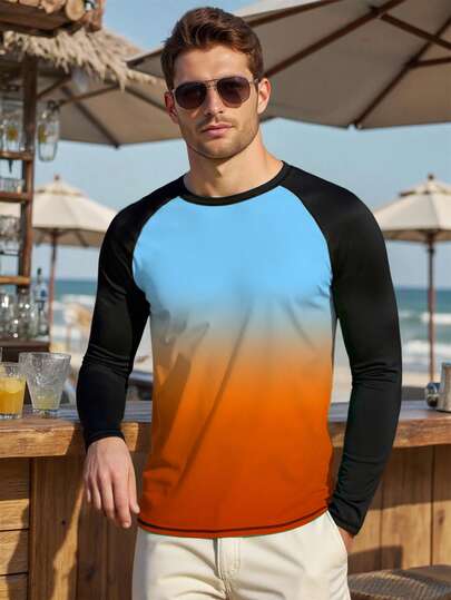Manfinity Swimmode قميص سيرفينج بياقة مستديرة وأكمام طويلة بتدرج اللون للرجال، عطلة شاطئية