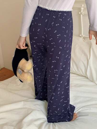 DAZY بنطلون بيجاما بقصة واسعة الساق مع ربطة الخصر بطبعة زهور صغيرة للفتيات الصغيرات