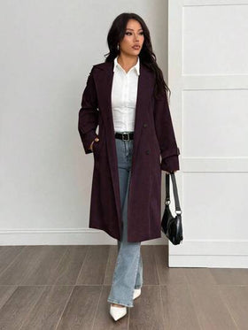 SHEIN PETITE معطف ترنش بأكمام طويلة وحزام خصر بلون واحد، للربيع والصيف/الصيف