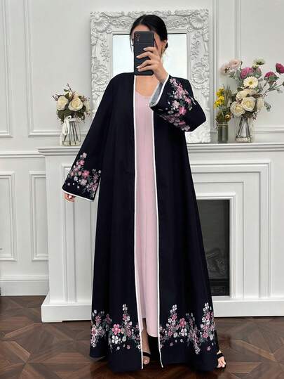 Yasmyna رمضان عباءة نسائية فضفاضة أنيقة مطرزة بالزهور وتصميم رقعي، بأكمام طويلة