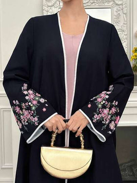 Yasmyna رمضان عباءة نسائية فضفاضة أنيقة مطرزة بالزهور وتصميم رقعي، بأكمام طويلة