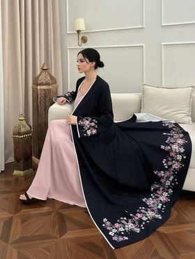 Yasmyna رمضان عباءة نسائية فضفاضة أنيقة مطرزة بالزهور وتصميم رقعي، بأكمام طويلة