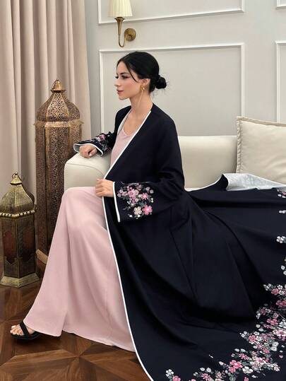 Yasmyna رمضان عباءة نسائية فضفاضة أنيقة مطرزة بالزهور وتصميم رقعي، بأكمام طويلة