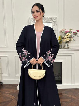 Yasmyna رمضان عباءة نسائية فضفاضة أنيقة مطرزة بالزهور وتصميم رقعي، بأكمام طويلة