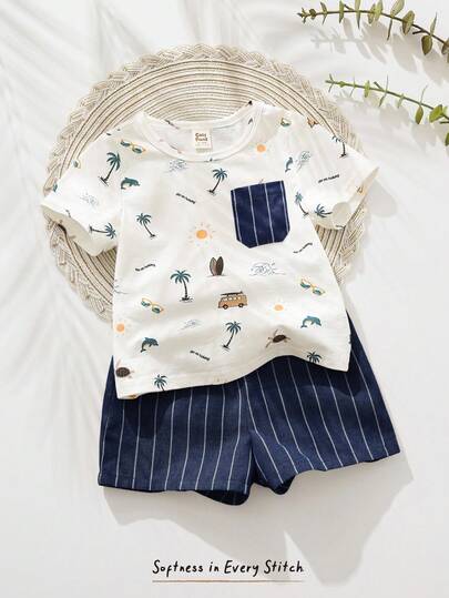 Cozy Pixies مجموعة ملابس علوية بياقة بولو وشورت بخصر مطاطي مطبوعة بطبعات حيوانات كرتونية للأطفال الصبيان، 2 قطعة