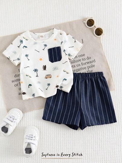 Cozy Pixies مجموعة ملابس علوية بياقة بولو وشورت بخصر مطاطي مطبوعة بطبعات حيوانات كرتونية للأطفال الصبيان، 2 قطعة