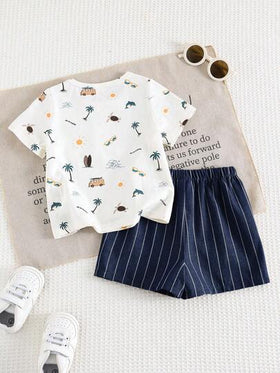 Cozy Pixies مجموعة ملابس علوية بياقة بولو وشورت بخصر مطاطي مطبوعة بطبعات حيوانات كرتونية للأطفال الصبيان، 2 قطعة