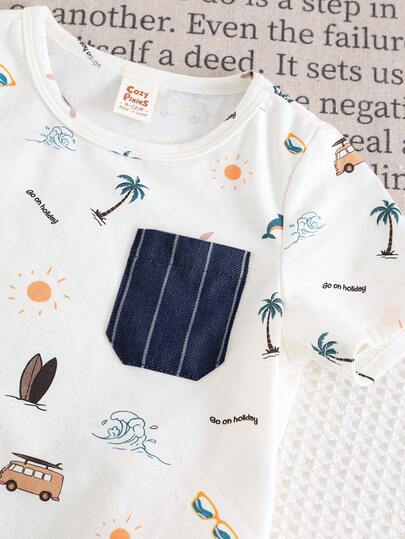 Cozy Pixies مجموعة ملابس علوية بياقة بولو وشورت بخصر مطاطي مطبوعة بطبعات حيوانات كرتونية للأطفال الصبيان، 2 قطعة