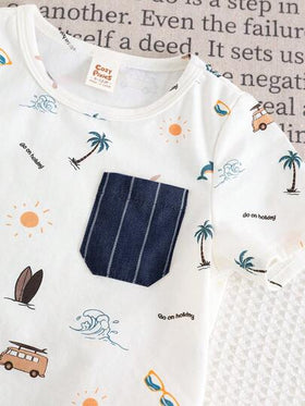 Cozy Pixies مجموعة ملابس علوية بياقة بولو وشورت بخصر مطاطي مطبوعة بطبعات حيوانات كرتونية للأطفال الصبيان، 2 قطعة