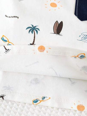 Cozy Pixies مجموعة ملابس علوية بياقة بولو وشورت بخصر مطاطي مطبوعة بطبعات حيوانات كرتونية للأطفال الصبيان، 2 قطعة