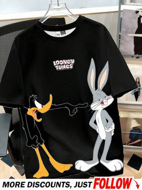Looney Tunes X Manfinity Manfinity Joysei تي شيرت كاجوال للرجال بياقة مستديرة وأكمام قصيرة، بطبعات كرتونية، صيفي