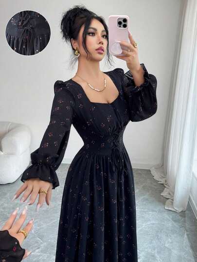 Modelyn رمضان فستان متوسط الطول بأكمام فانوس وربطة خصر بتصميم فرنسي للنساء