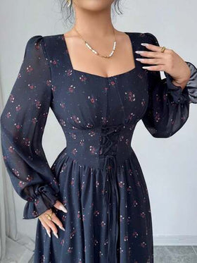Modelyn رمضان فستان متوسط الطول بأكمام فانوس وربطة خصر بتصميم فرنسي للنساء