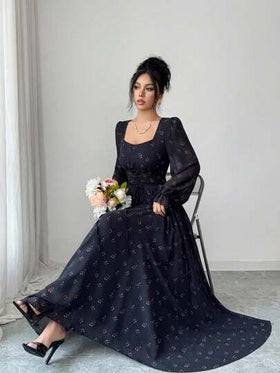 Modelyn رمضان فستان متوسط الطول بأكمام فانوس وربطة خصر بتصميم فرنسي للنساء