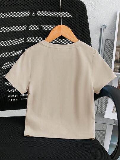 SHEIN قميص تي شيرت قصير الأكمام مريح للأولاد في الصيف للعطلات والتنقل، مطبوع بحرف وشجرة النخيل