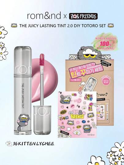 Rom&nd مجموعة هدايا محدودة الإصدار من Romand Juicy Gloss Tint 2.0 36، 03 Coral Pink، صبغة شفاه لامعة مرطبة ذات تأثير مكياج مائي، تعاون كوميدي أنمي، مكياج شفاه على الطراز الكوري. 0.35 جرام/0.01 أونصة.