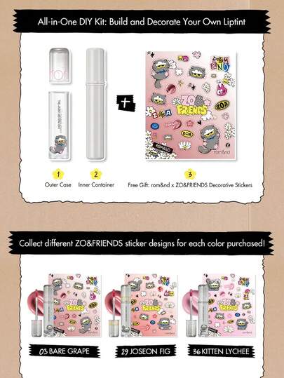 Rom&nd مجموعة هدايا محدودة الإصدار من Romand Juicy Gloss Tint 2.0 36، 03 Coral Pink، صبغة شفاه لامعة مرطبة ذات تأثير مكياج مائي، تعاون كوميدي أنمي، مكياج شفاه على الطراز الكوري. 0.35 جرام/0.01 أونصة.