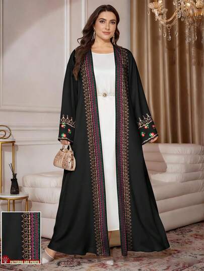 SHEIN Najma عباية كاردجان ماكسي كاجوال بأكمام طويلة مستوحاة من التطريز والطباعة الرقمية الزهرية ذات طراز رجعي لحجم كبير، مناسبة للربيع والخريف