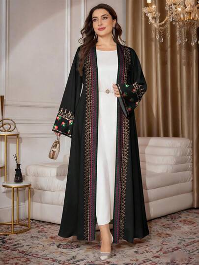 SHEIN Najma عباية كاردجان ماكسي كاجوال بأكمام طويلة مستوحاة من التطريز والطباعة الرقمية الزهرية ذات طراز رجعي لحجم كبير، مناسبة للربيع والخريف