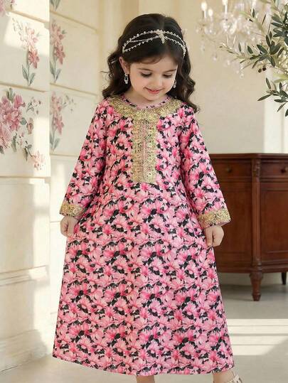 SHEIN فستان فضفاض مطبوع بالزهور للفتيات الصغيرات، خريف