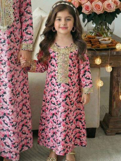 SHEIN فستان فضفاض مطبوع بالزهور للفتيات الصغيرات، خريف