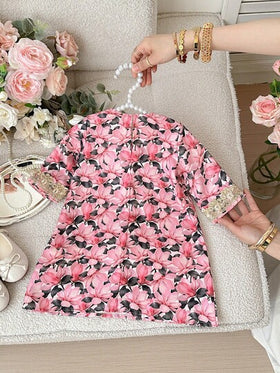 SHEIN فستان فضفاض مطبوع بالزهور للفتيات الصغيرات، خريف