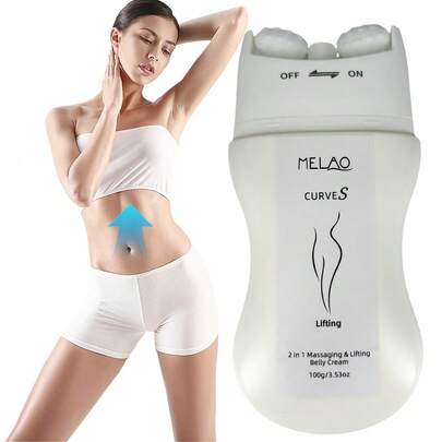 MELAO جهاز تدليك البطن والرفع 2 في 1، كريم رفع البطن ميلاو كيرفز 100 جرام مع رأس تدليك، لشد البطن وتنشيط البشرة، للعناية بما بعد الولادة، مع رأس تدليك، وضع تشغيل/إيقاف، تصميم محمول
