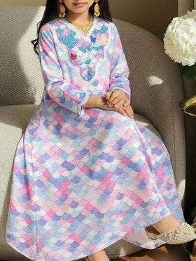 SHEIN فستان عربي أنيق وبسيط بأكمام طويلة مناسب للربيع والصيف، مطبوع بطبعة الحورية للفتيات المراهقات