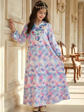 SHEIN فستان عربي أنيق وبسيط بأكمام طويلة مناسب للربيع والصيف، مطبوع بطبعة الحورية للفتيات المراهقات