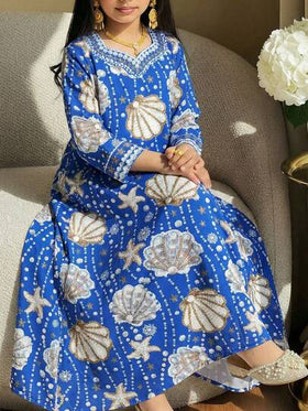 SHEIN عباية بأكمام طويلة وطبعة اللؤلؤ على الياقة المربعة للفتيات المراهقات