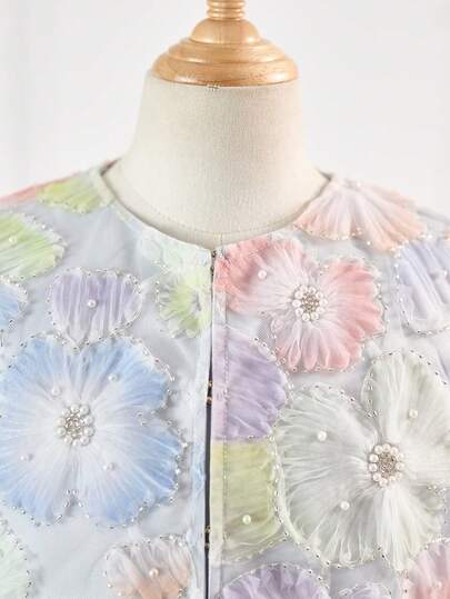 SHEIN فستان بدون أكمام مع كارديجان أنيق مجموعة من قطعتين، مزين بالزهور ثلاثية الأبعاد وشبكة للفتيات المراهقات