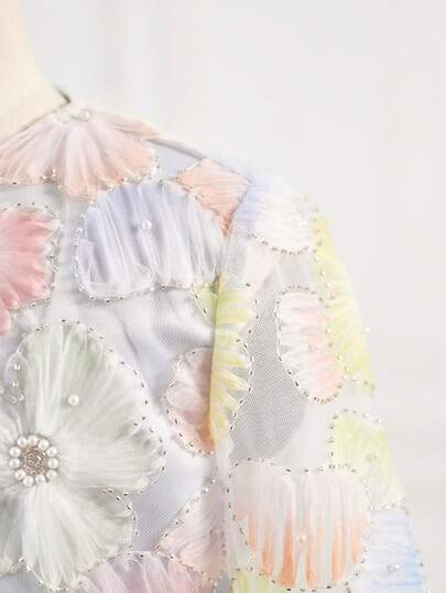 SHEIN فستان بدون أكمام مع كارديجان أنيق مجموعة من قطعتين، مزين بالزهور ثلاثية الأبعاد وشبكة للفتيات المراهقات