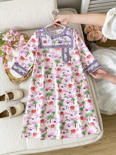 SHEIN فستان طويل الأكمام بطبعة الفلامنجو للفتيات الصغيرات، طراز العطلات، خريفي