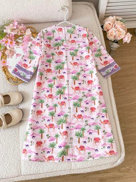 SHEIN فستان طويل الأكمام بطبعة الفلامنجو للفتيات الصغيرات، طراز العطلات، خريفي