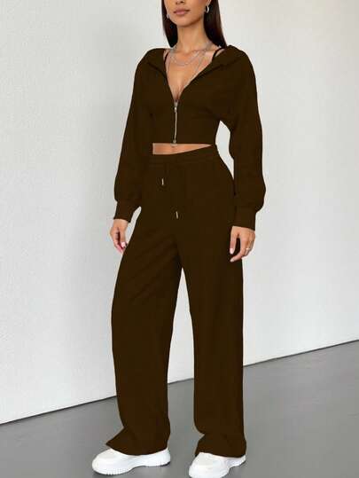 مجموعة هوديي مزيّن بسحّاب ذو لون أحادي مناسب للنساء للارتداء في الخريف/الشتاء، ملابس الشارع، ملابس الشاطئ، المكتب، التخرج، العودة إلى المدرسة، ملابس المعلمة في الربيع، قطعتان