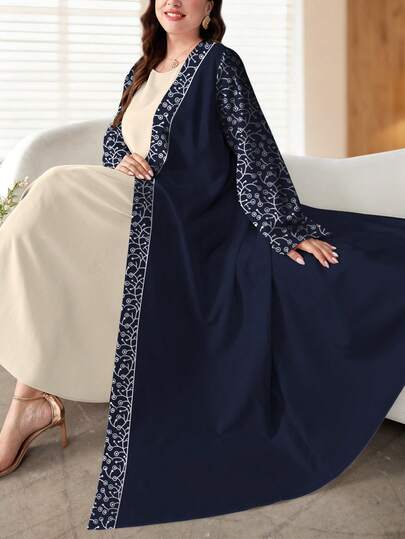 SHEIN Najma كارديجان كاجوال بأكمام طويلة مطبوع رقميًا بنمط الورق للمرأة ذات الحجم الكبير، مناسب للربيع والخريف