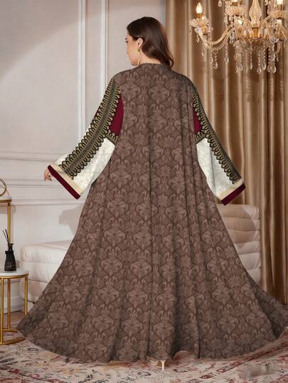 SHEIN Najma عباية كاردجان طويلة الأكمام مطبوعة للنساء ذوات الأحجام الكبيرة، فضفاضة وكاجوال، مناسبة للربيع والخريف