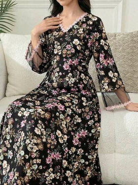 SHEIN فستان بنات المراهقات بياقة على شكل حرف V وأكمام ناقصة مع قطع شبكية وخصر مخصر وتنورة على شكل حرف A