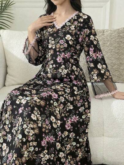 SHEIN فستان بنات المراهقات بياقة على شكل حرف V وأكمام ناقصة مع قطع شبكية وخصر مخصر وتنورة على شكل حرف A