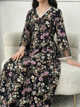 SHEIN فستان بنات المراهقات بياقة على شكل حرف V وأكمام ناقصة مع قطع شبكية وخصر مخصر وتنورة على شكل حرف A